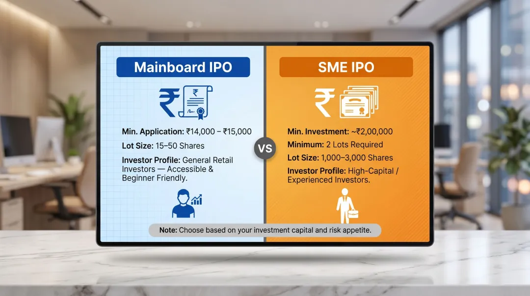 Mainboard versus SME IPO lot size and minimum investment comparison infographic