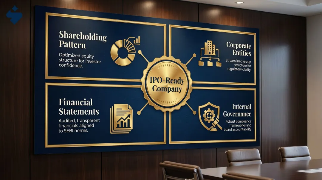Four pillars of pre-IPO restructuring framework for Indian companies infographic