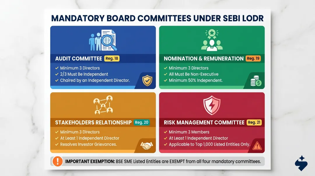 SEBI LODR four mandatory board committees composition and independence requirements infographic