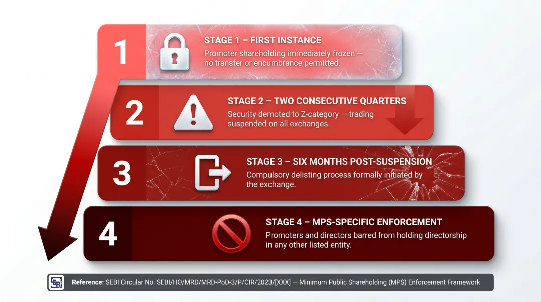 SEBI non-compliance escalation sequence from shareholding freeze to compulsory delisting infographic