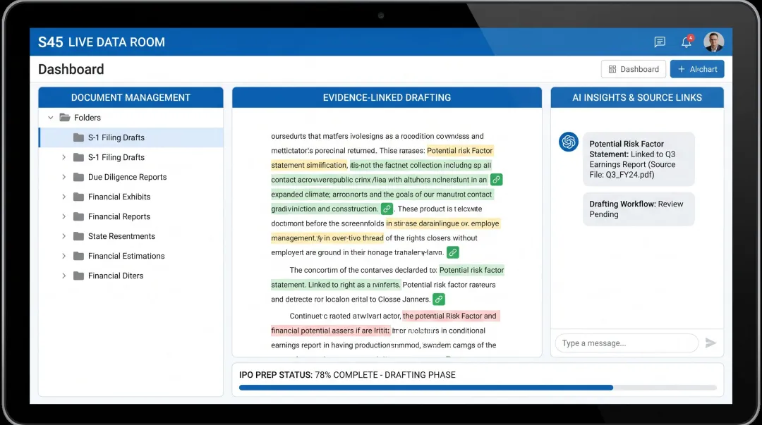 AI-enabled DRHP drafting data room with evidence-linked document management interface