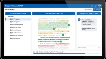 AI-enabled DRHP drafting data room with evidence-linked document management interface