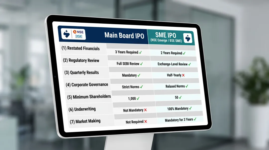 Main Board versus SME IPO disclosure requirements side-by-side comparison chart India
