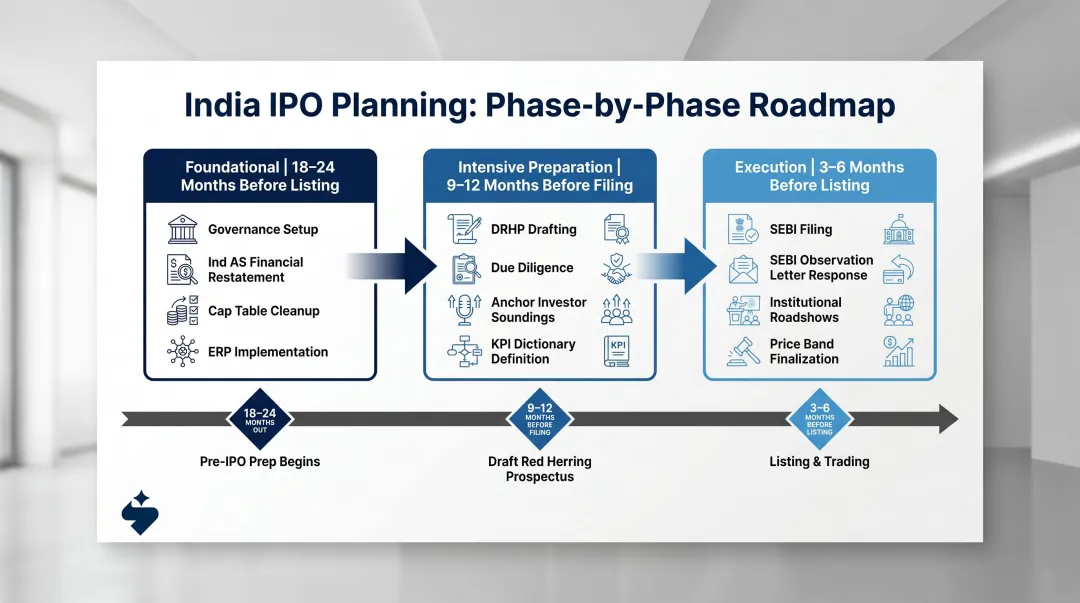 Three-phase pre-IPO planning timeline from 24 months to listing day India