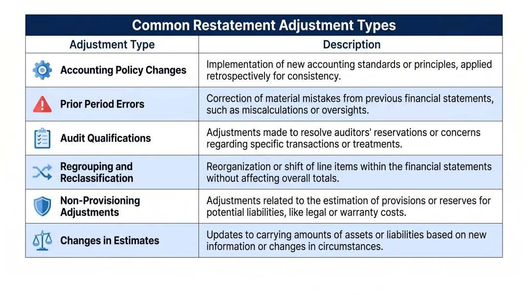 Six common IPO restatement adjustment types and descriptions comparison table infographic