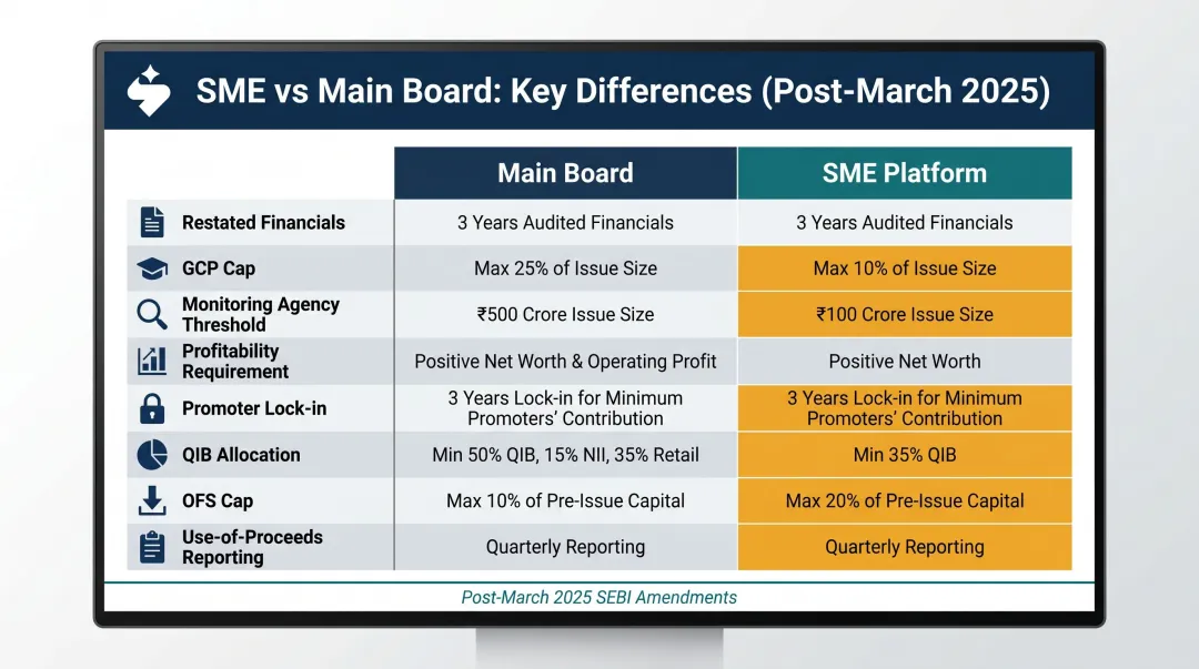 SME versus Main Board IPO disclosure requirements comparison table post-March 2025