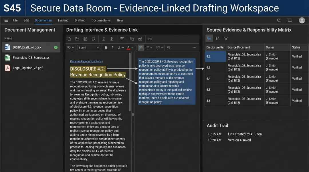 S45 evidence-linked DRHP drafting data room with document audit trail