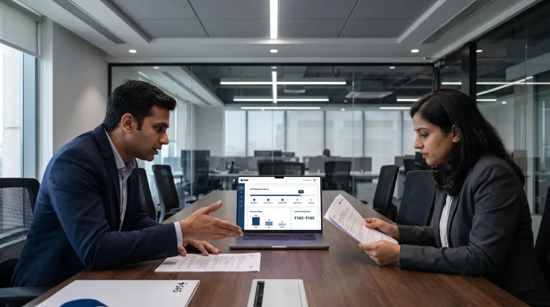 Founder and merchant banker reviewing IPO issue sizing strategy documents in boardroom