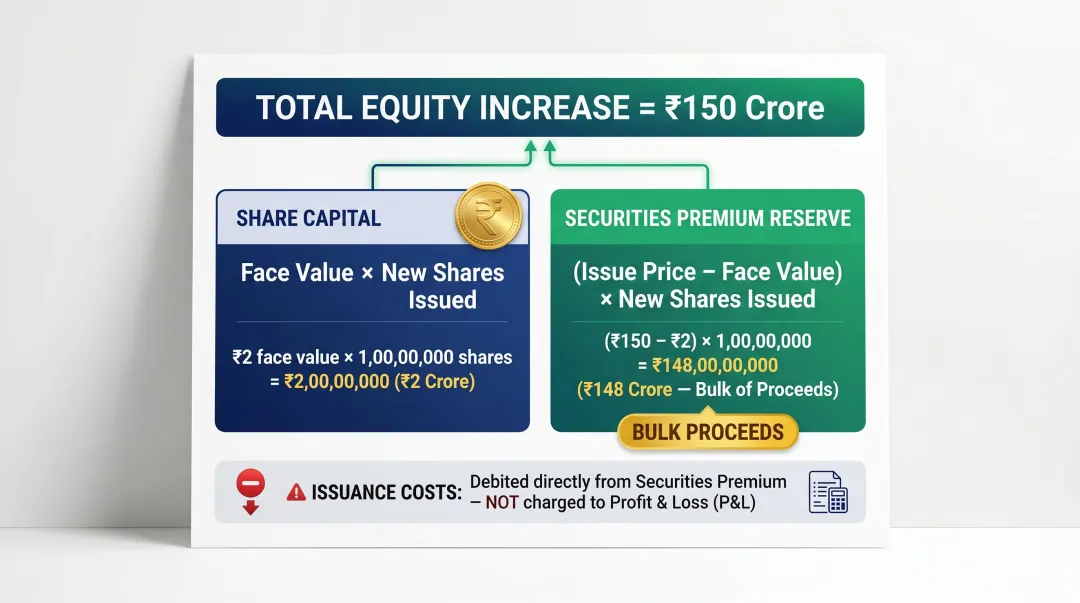 IPO equity section two-part accounting entry Share Capital and Securities Premium breakdown