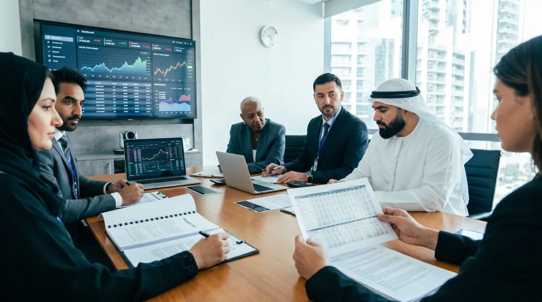 Indian merchant bank advisory team reviewing capital market documents and deal data