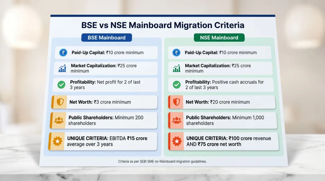 BSE SME versus NSE Emerge mainboard migration eligibility criteria comparison infographic