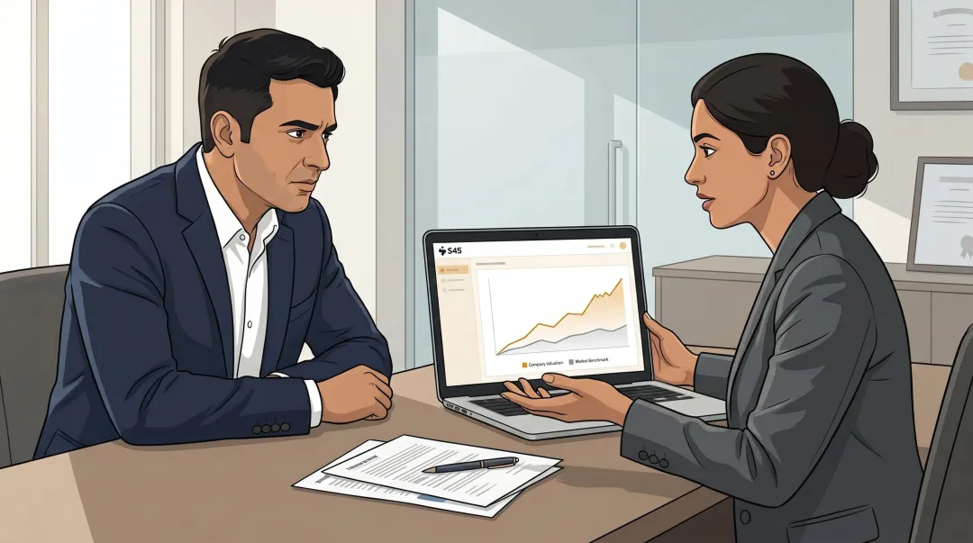 Founder and banker in tense discussion over misaligned IPO valuation expectations at desk