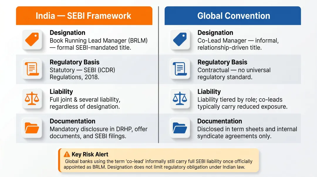 India SEBI co-BRLM framework versus global co-lead manager convention side-by-side comparison