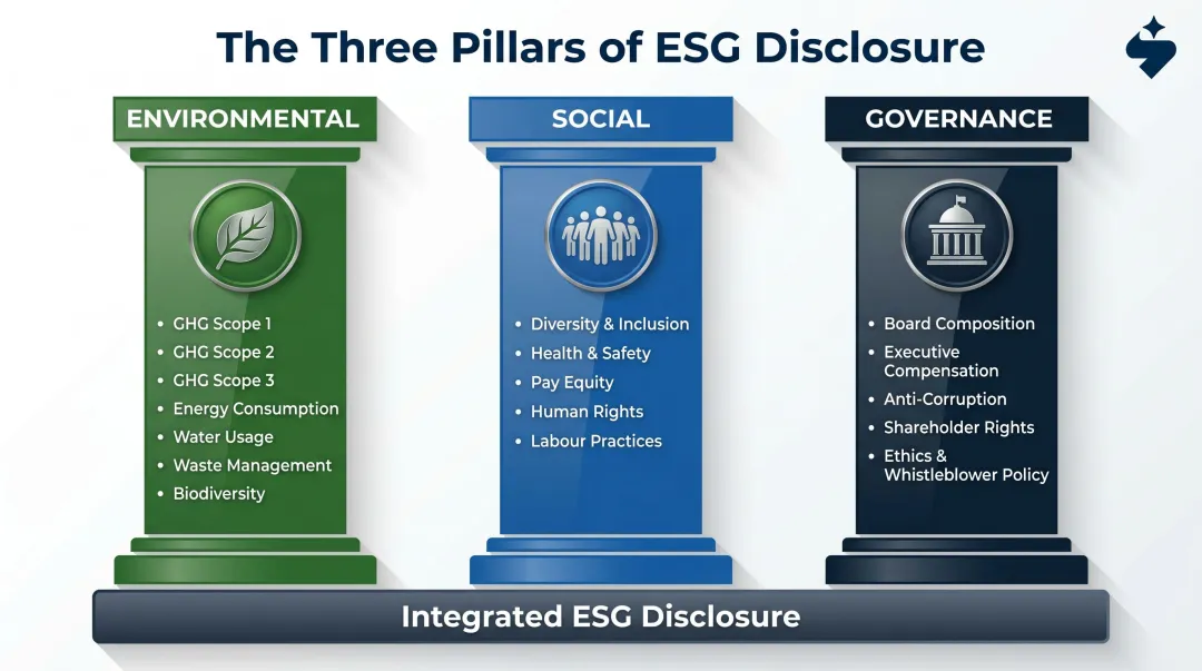 Three ESG pillars environmental social governance key disclosure metrics breakdown