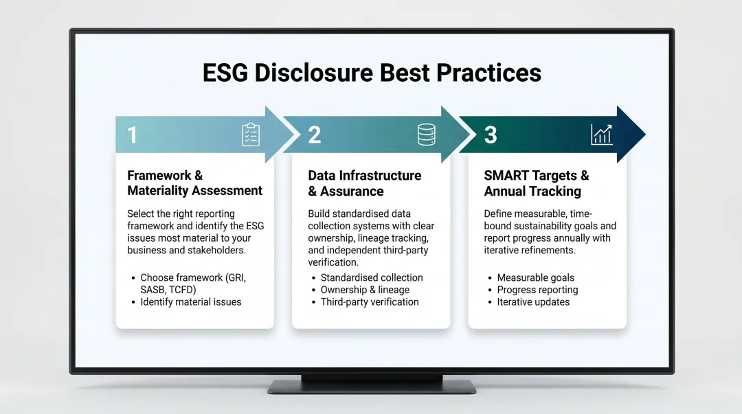 Three ESG disclosure best practices framework assessment data infrastructure SMART targets