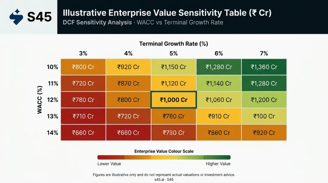 DCF sensitivity heat map table WACC versus terminal growth rate enterprise value range