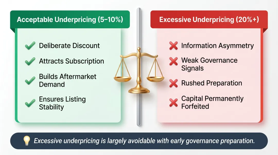 Acceptable versus excessive IPO underpricing comparison infographic for SMEs