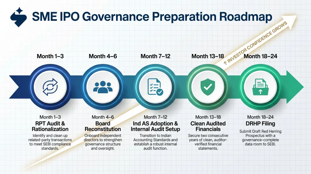 18-month SME IPO governance readiness timeline from RPT review to DRHP filing