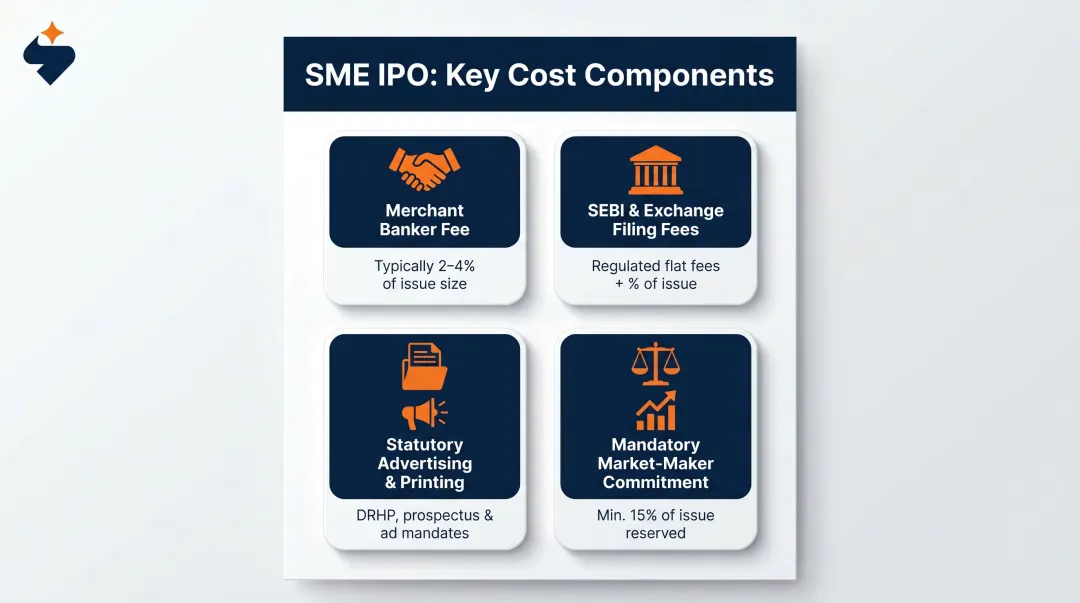 SME IPO cost components breakdown showing six key expense categories