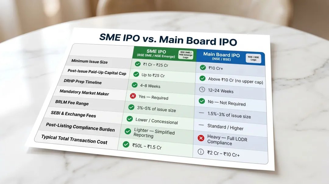 SME IPO versus Main Board IPO cost comparison table eight key dimensions