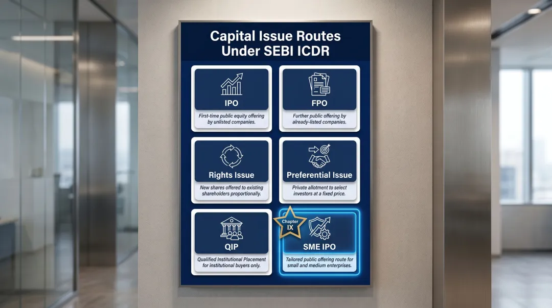 Six SEBI ICDR capital issue types and typical issuers comparison chart