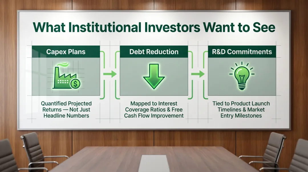 IPO use-of-funds narrative framework showing three investor-confidence building components