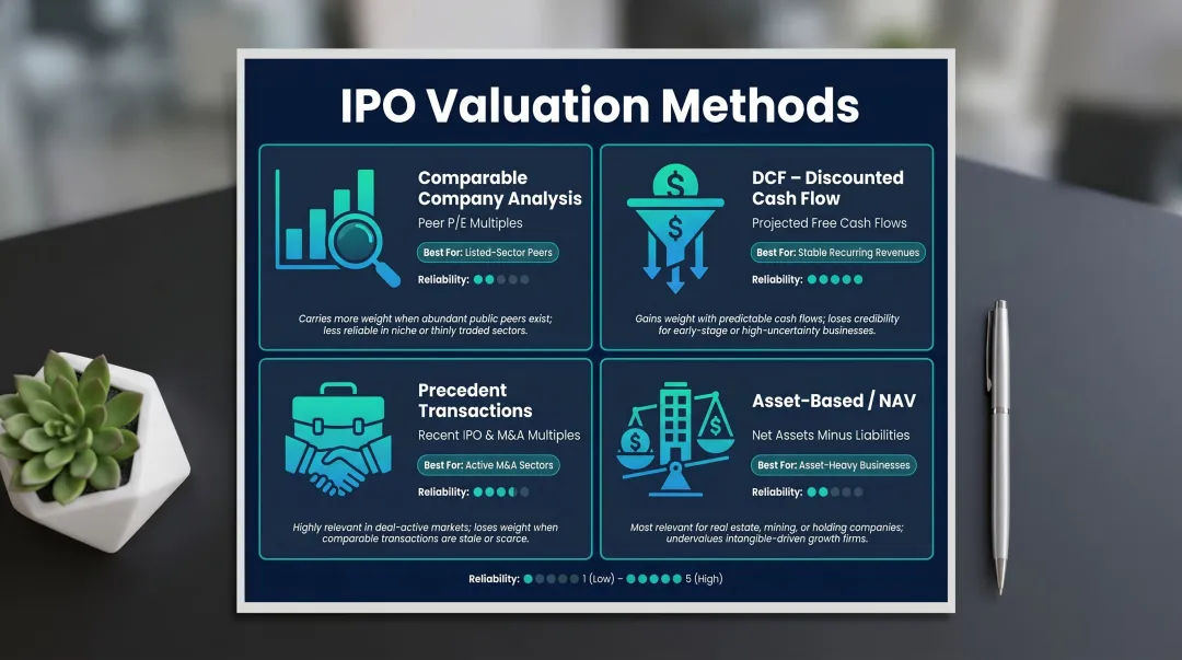 Four IPO valuation methods comparison with use cases and relative weighting