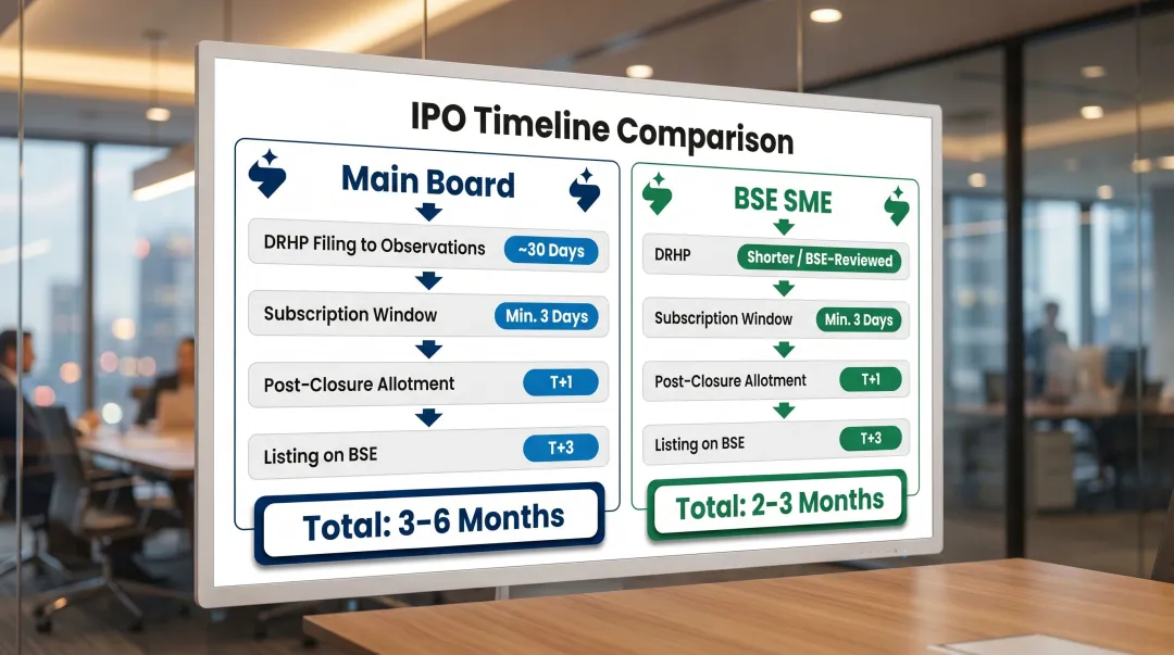 BSE IPO book building timeline comparison Main Board versus SME listing stages