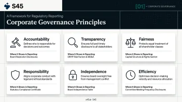 Six corporate governance principles comparison table with reporting examples infographic