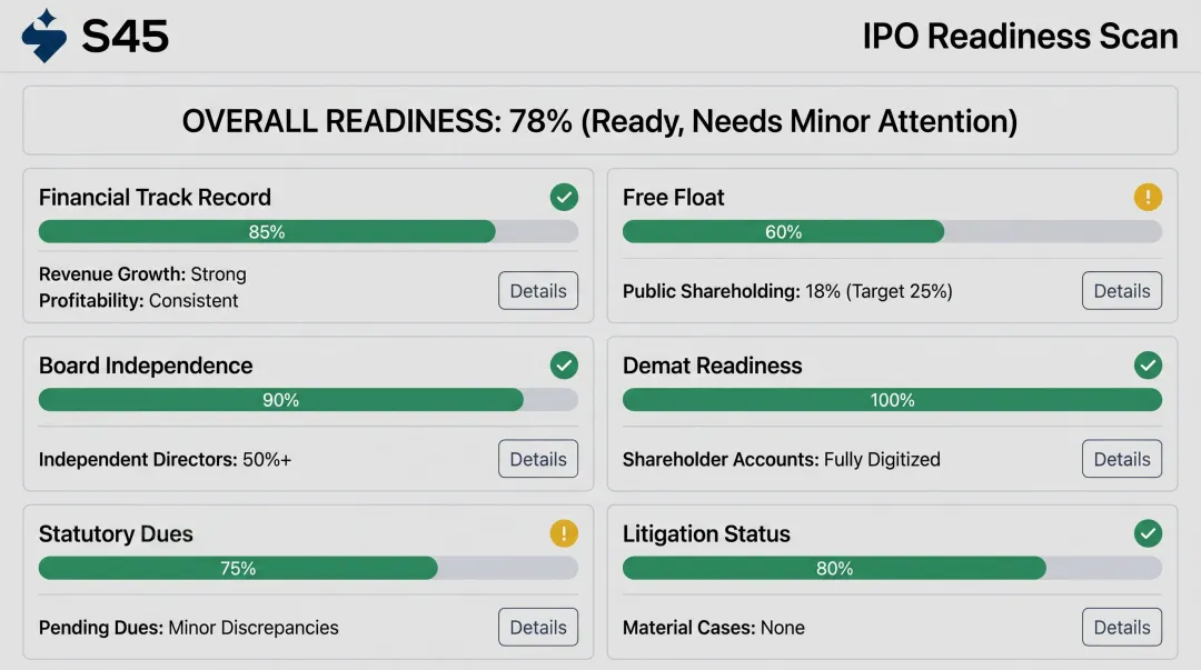 S45 AI-powered IPO readiness scan dashboard showing eligibility assessment results