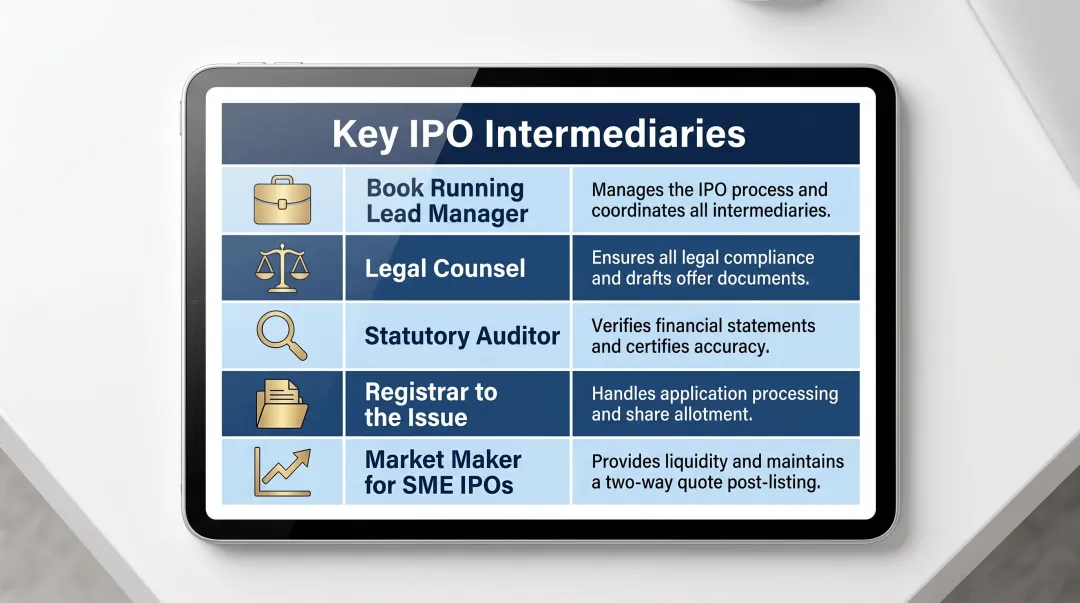 IPO intermediaries comparison table showing five key roles and responsibilities in India