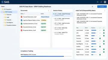Organised IPO data room showing versioned documents audit trails and DRHP filing workflow