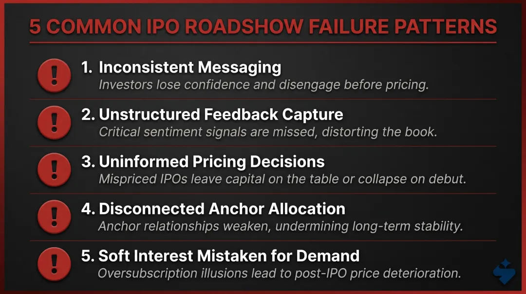 Five common IPO roadshow failure patterns and their impact on listing outcomes