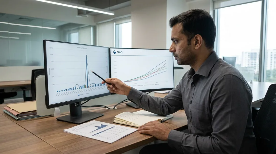 Investor analyst comparing two company growth scenarios on financial data screens