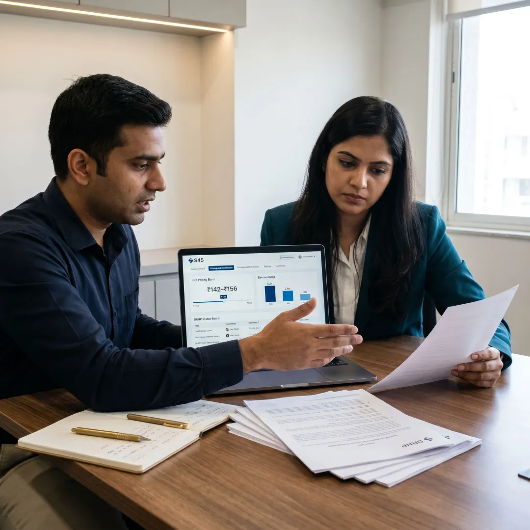 SME IPO consultants reviewing documents and investor data