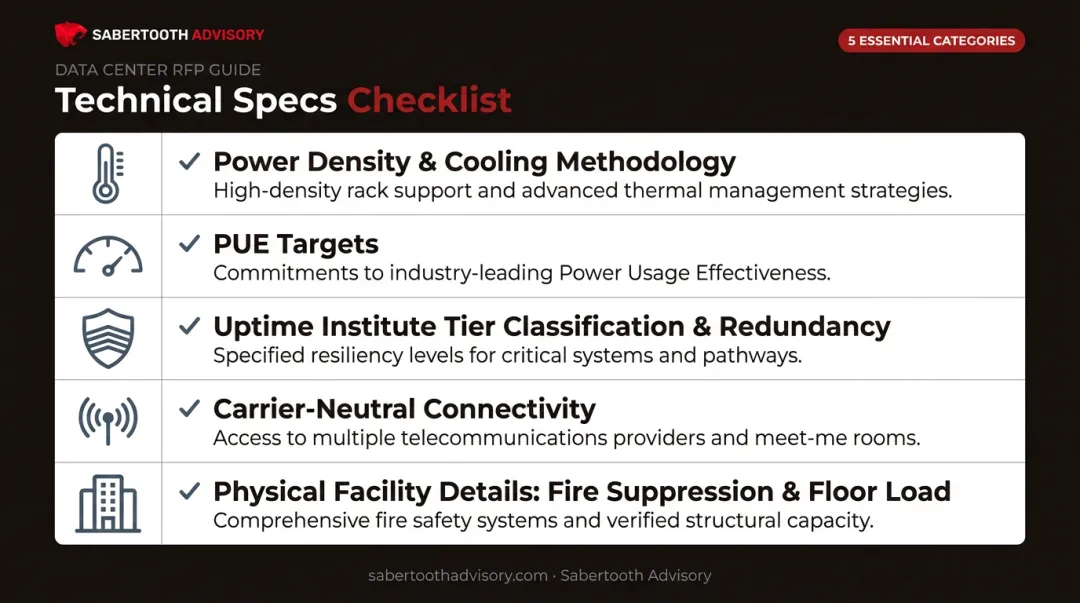 Data center RFP technical and redundancy specifications checklist infographic