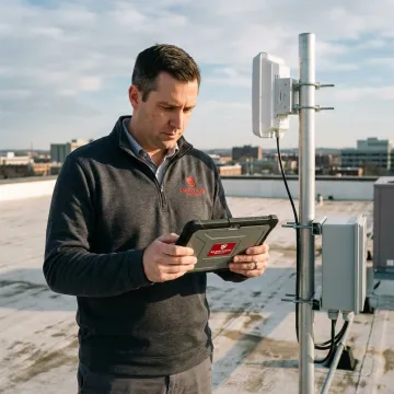 Wireless internet network equipment on a business rooftop
