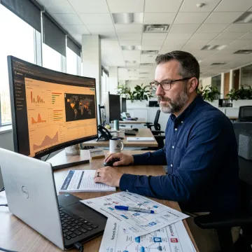 Cybersecurity audit advisor reviewing risk dashboard