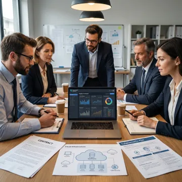 Technology advisor reviewing vendor options with executives