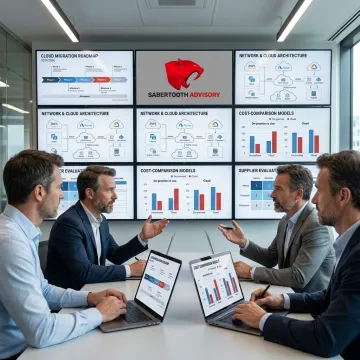 Cloud migration consultants reviewing infrastructure roadmap