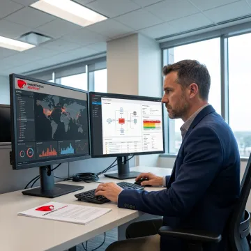 Network security consultant reviewing risk dashboard