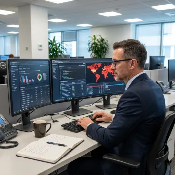 Web application security consultant reviewing risk dashboard