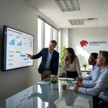 Digital transformation planning session with technology dashboards