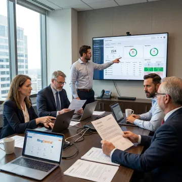 Business team evaluating telephone system options