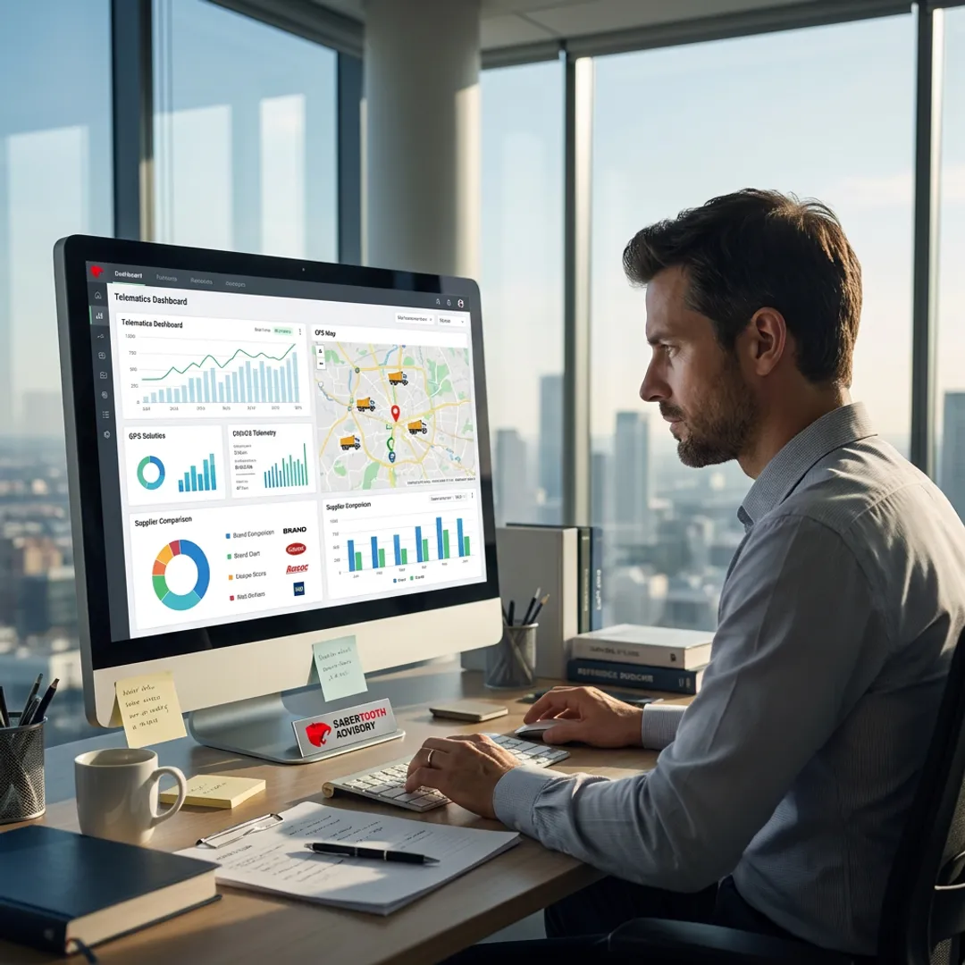 Advisor reviewing construction fleet tracking dashboard