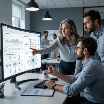 Business professional reviewing dedicated internet network performance