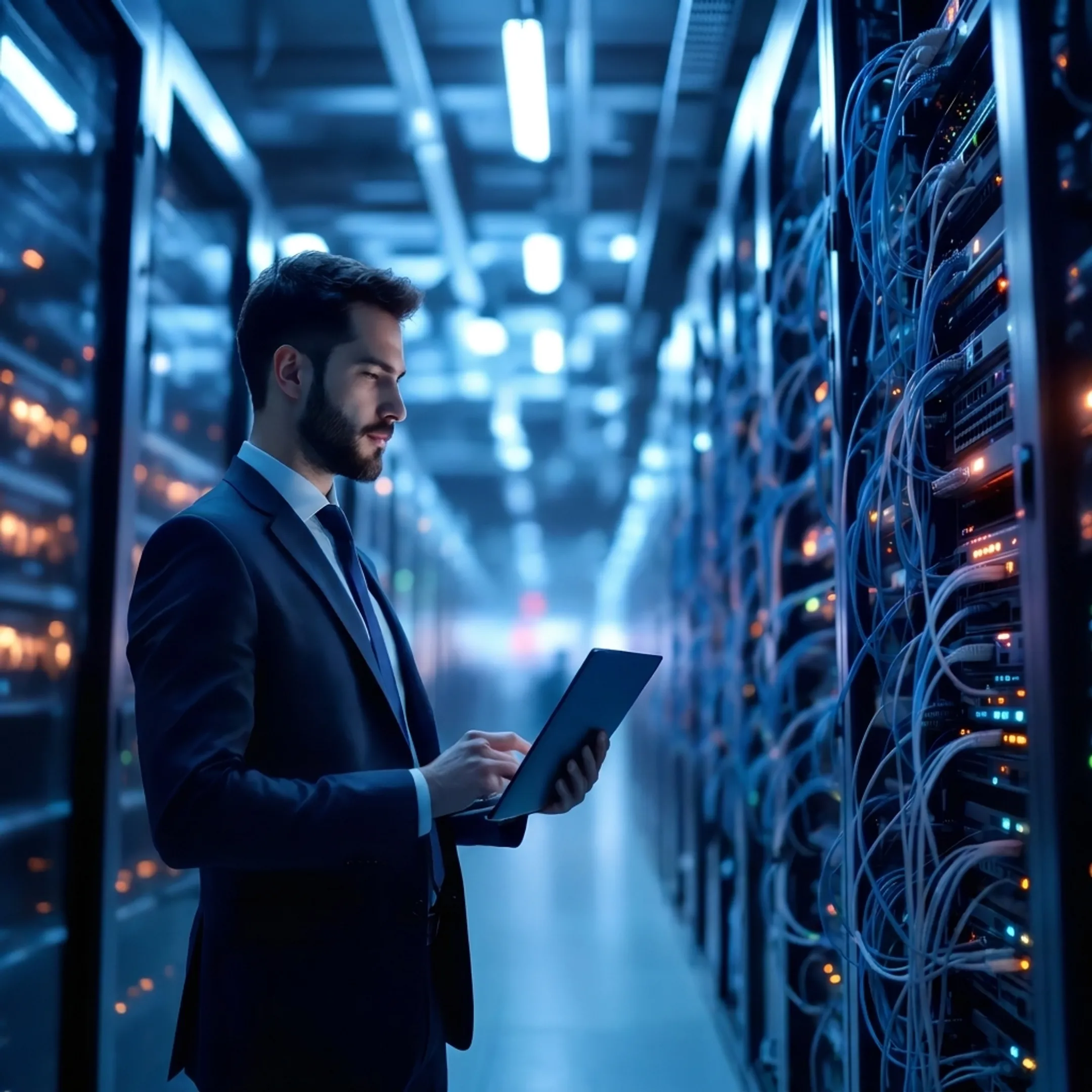 Technician inspecting network cabling in a commercial building data room