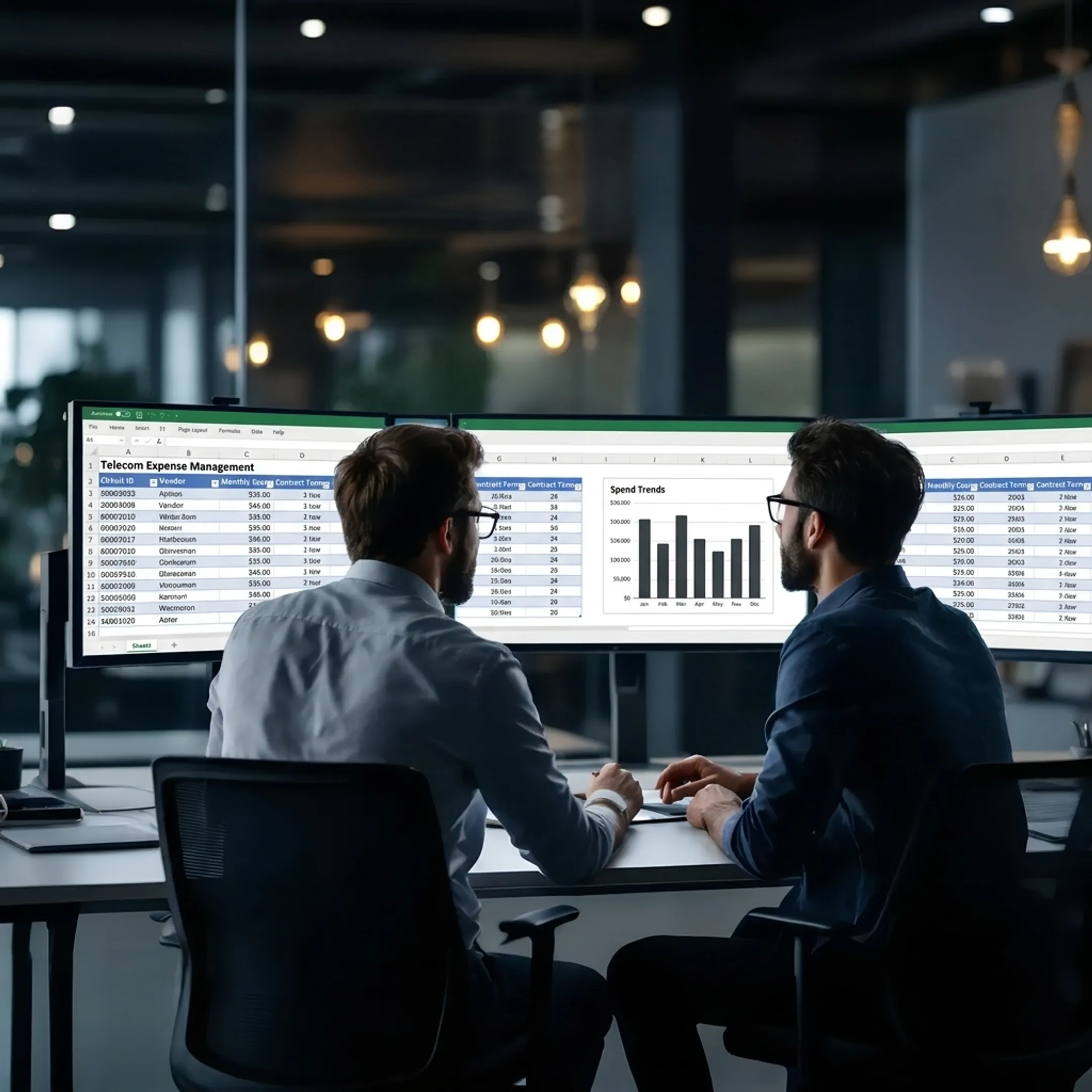 Technology procurement specialist reviewing enterprise telecom billing records and vendor contracts on multiple screens