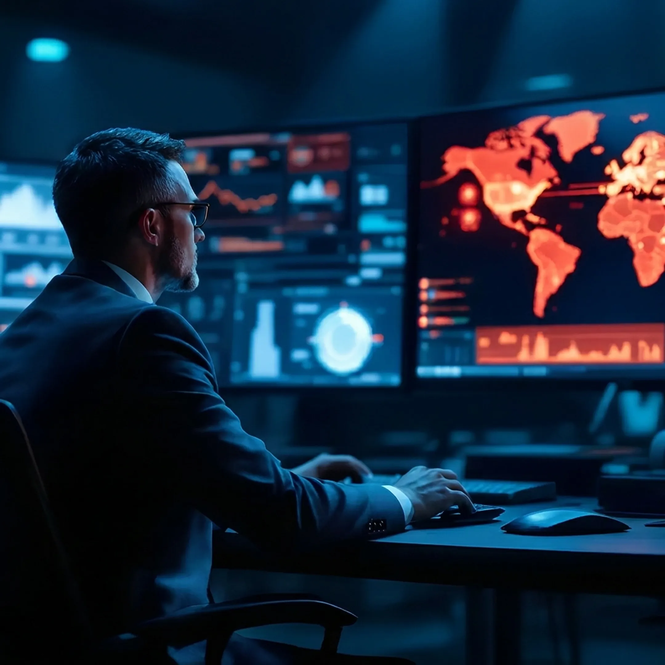 Security engineer analyzing threat intelligence telemetry on a digital monitor.