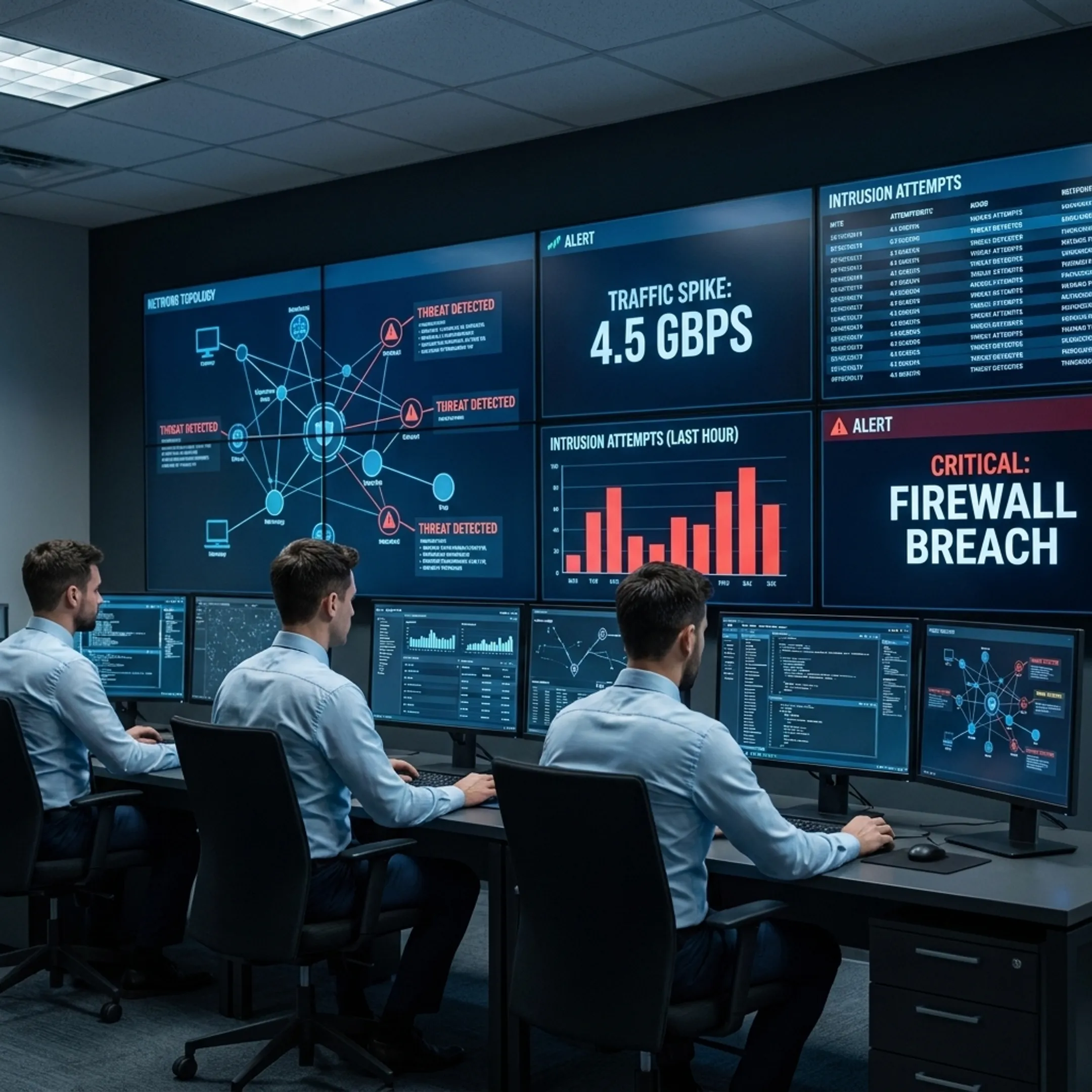Cybersecurity analysts monitoring threat dashboards in a security operations center.